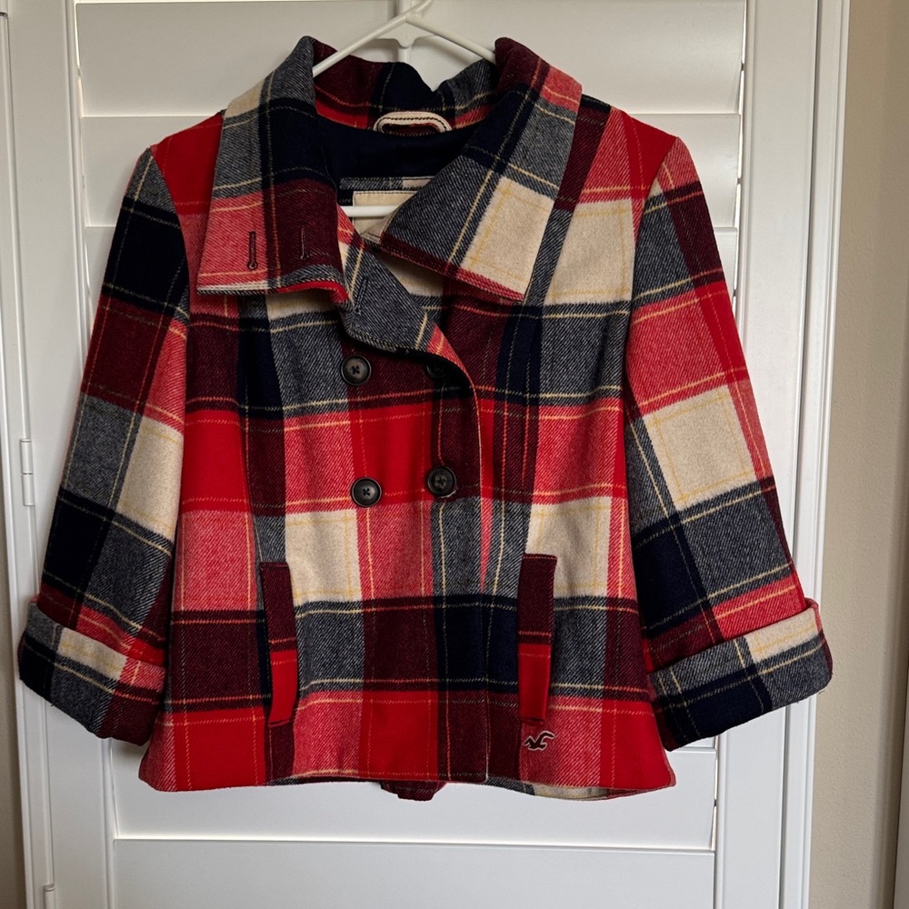 Hollister vintage style cropped wool-blend Red and Blue Plaid PeaCoat